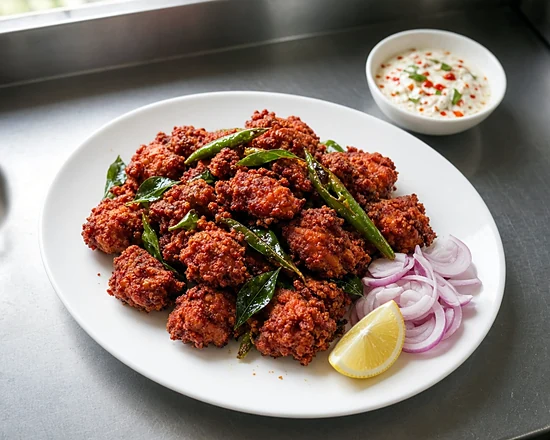 Chicken 65 with curry leaves and green chilli on a white plate with onion, lemon and a yogurt dip