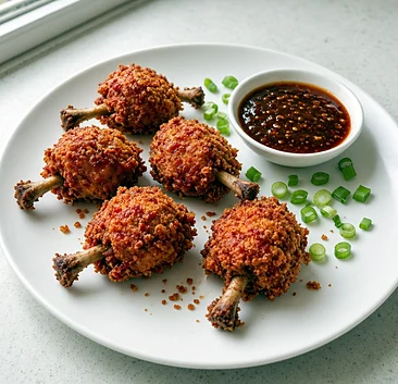 Five chicken lollipops on a white plate with a bowl of Szechuan sauce and spring onion